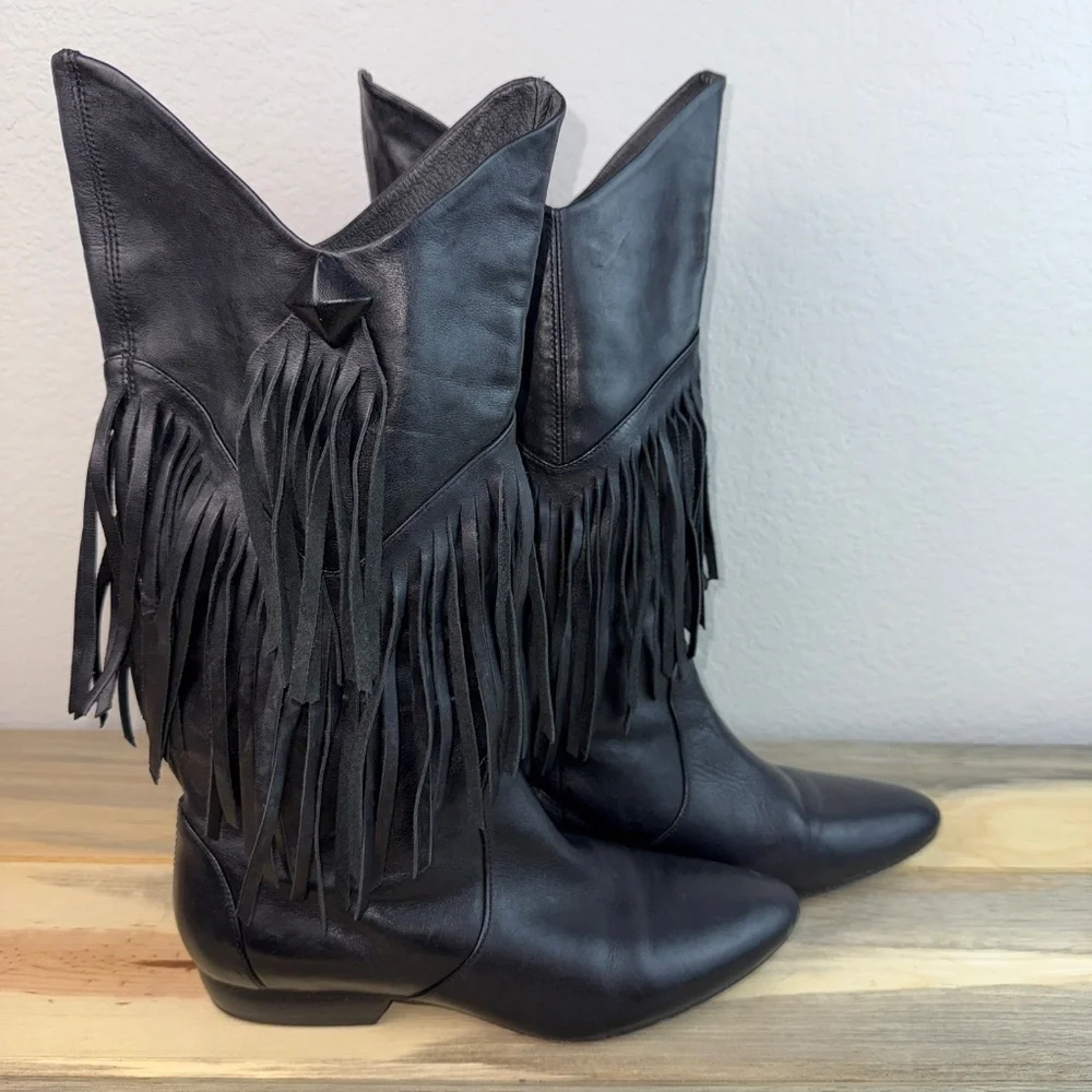 Pour La Victoire Black Fringe Heeled Boots - Picture 2 of 10